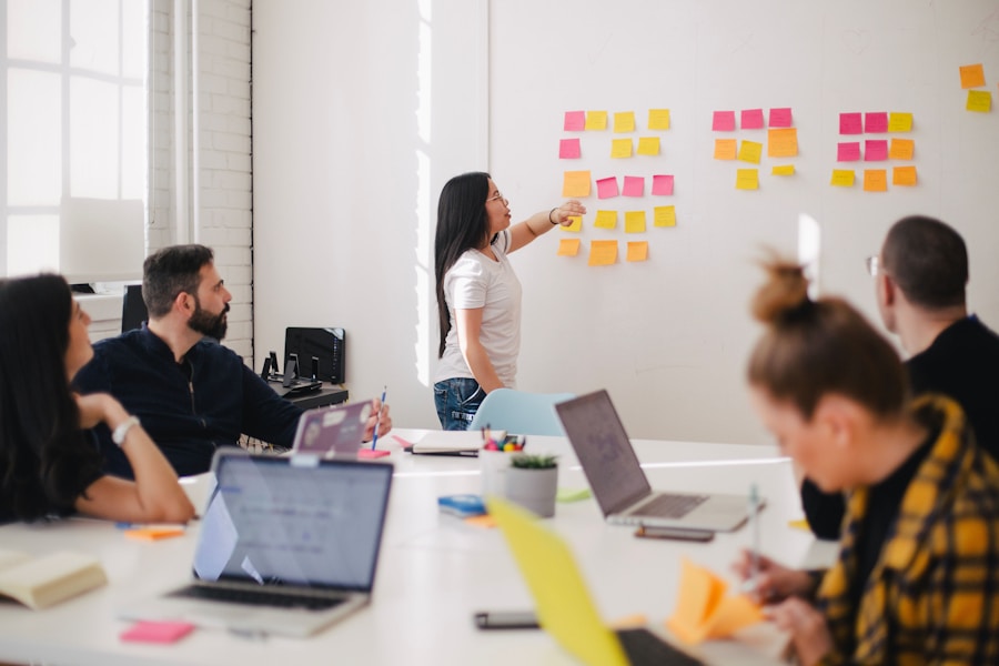 Development team discussing ideas during a workshop